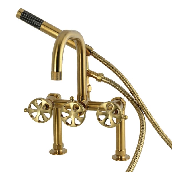 Kingston Brass 7" Center Deck-Mount Clawfoot Tub Faucet with Hand Shower, Brushed Brass AE6007RX - main