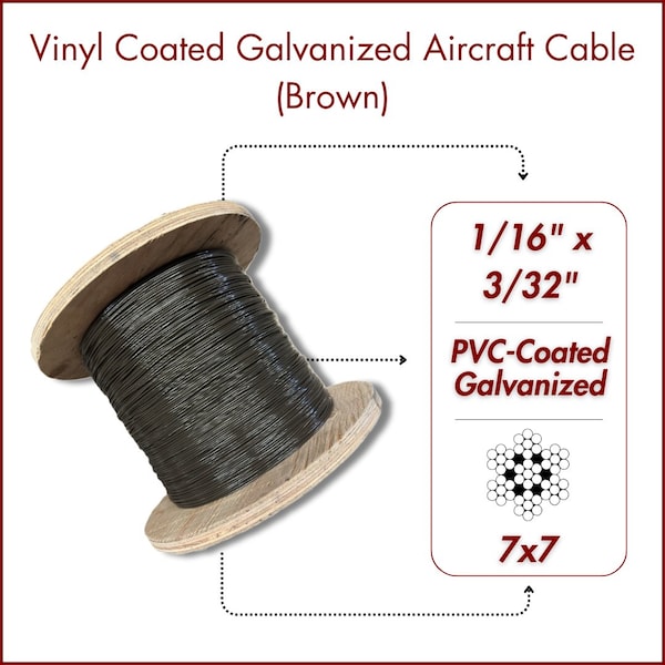 Laureola Industries 1/16 in.-3/32 in. Vinyl Coated Brown Galvanized Cable 7x7 Strand Aircraft Cable Wire Rope, 100 ft ZAG116332-77-GPBR-100 - main