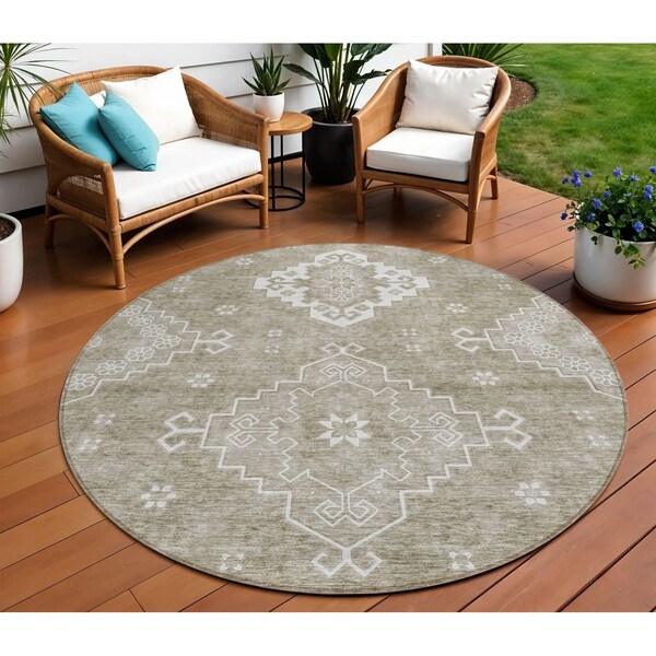Homeroots 8' Taupe Beige And Ivory Round Medallion Washable Indoor Outdoor Area Rug 589052 - main