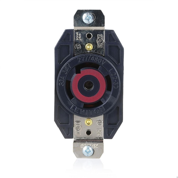 Leviton Flanged Locking Receptacle, L22-30R, 30 A, 277/480V AC, Three Phase, 4 Pole, Flush Mount, Black 2820 - main