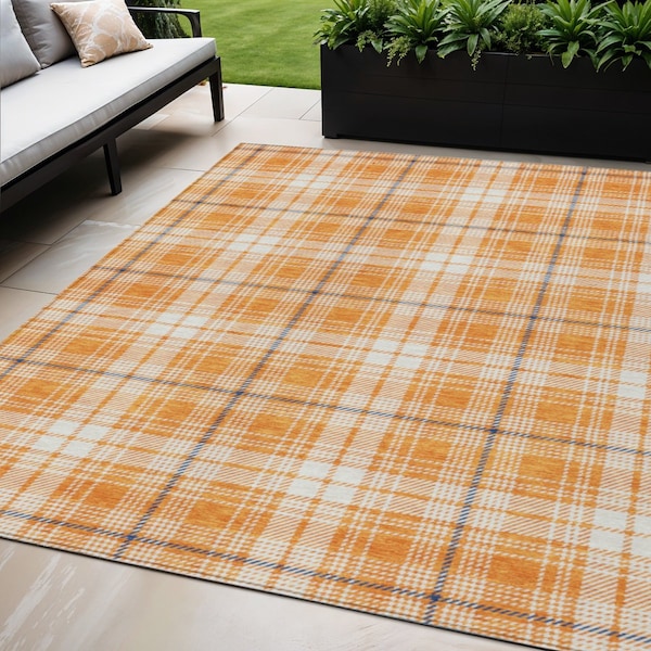 Homeroots 5' X 8' Orange Blue And Ivory Plaid Washable Indoor Outdoor Area Rug 597124 - main