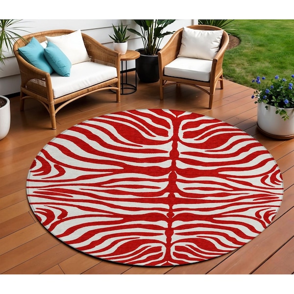 Homeroots 8' Red And Ivory Round Animal Print Washable Indoor Outdoor Area Rug 600650 - main