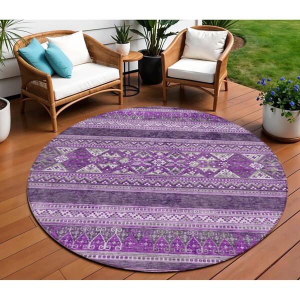 Homeroots 8' Purple Eggplant And Gray Round Southwestern Washable Indoor Outdoor Area Rug 582844 - main