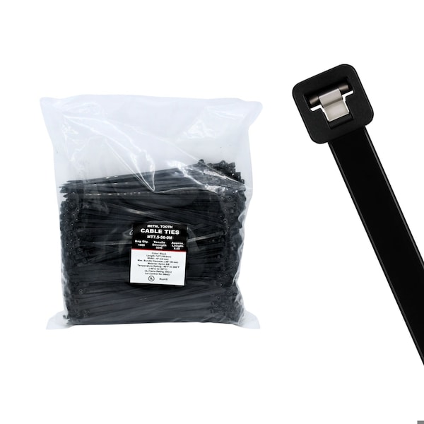 Cable Ties Unlimited Metal Tooth Cable Tie, 7.5 in L, 50 lb Strength, 1.8 in Max Bundle Dia, Nylon, UV-Res, Black, 1000PK MT7.5-50-0M - main