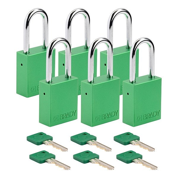 Brady Padlock, Keyed Alike, Aluminum, Orange, 1 1/2 in Shackle Height, 1 1/2 in Body Width, 6 PK SDAL-ORG-38ST-KA6 - main