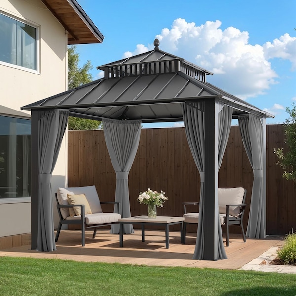 Sunjoy Kingston 10x10 Gazebo with Metal Roof , Curtain, and Netting - Gray Aluminum Posts A10204362100 - main