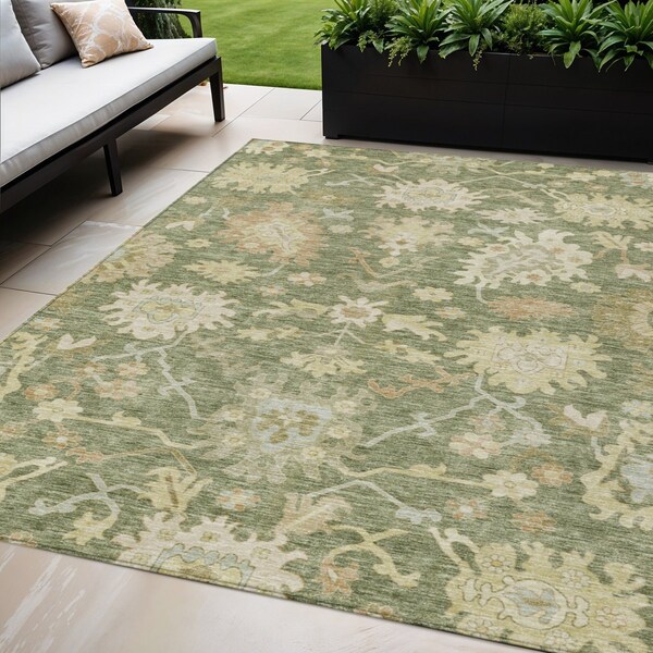Homeroots 5' X 8' Artichoke Green Ivory And Tan Floral Washable Indoor Outdoor Area Rug 605182 - main