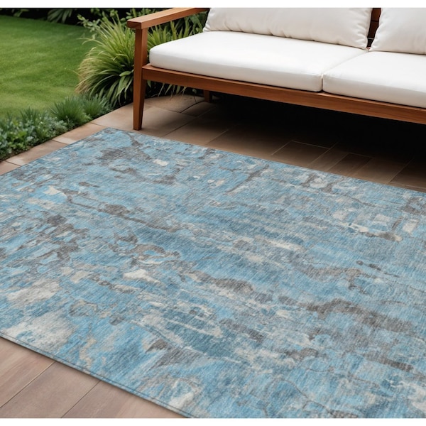 Homeroots 10' X 14' Denim Blue And Gray Abstract Washable Indoor Outdoor Area Rug 632124 - main