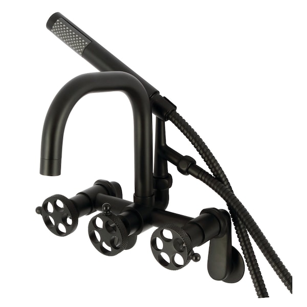 Kingston Brass 7-Inch Adjustable Wall Mount Clawfoot Tub Faucet with Knurled Handle and Hand Shower, Matte Black AE8450RKX - main