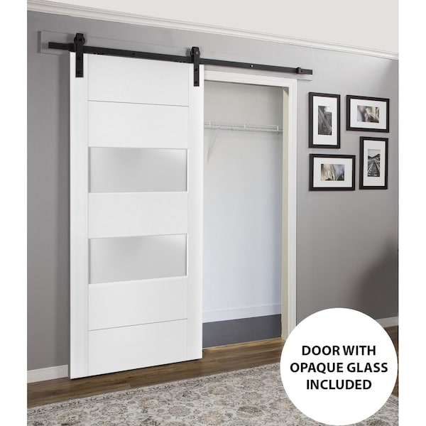 Sartodoors Sturdy Barn Door 32 x 80 inches Frosted Glass 2 lites, Lucia 4010 White Silk, 6.6FT Rail Hangers He LUCIA4010BD-B-WS-32 - main