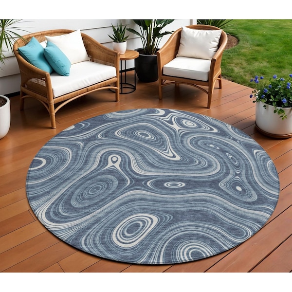 Homeroots 8' Blue And Ivory Round Geometric Washable Indoor Outdoor Area Rug 631379 - main