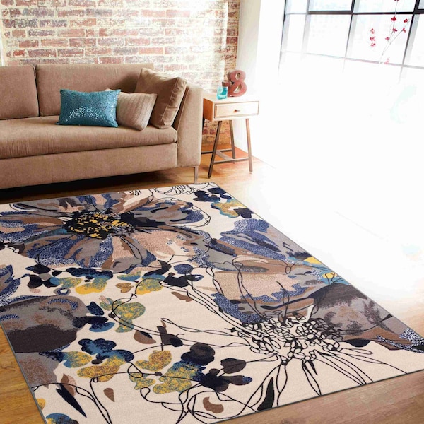 World Rug Gallery Modern Bright Flowers Non-Slip Area Rug 9 ft x 12 ft Cream 503CREAM9X12 - main