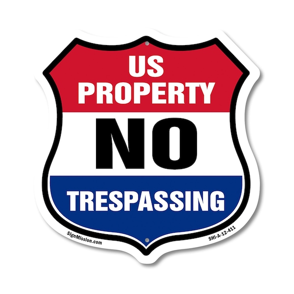 Signmission No Trespassing Shield Sign U.S. Property, 12 Inch X 12 Inch, Aluminum Metal Sign SHI-A-12-411 - main