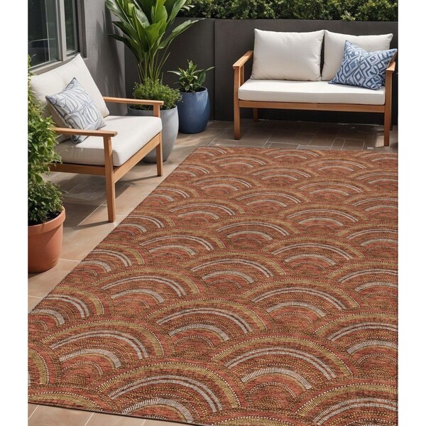 Homeroots 5' X 8' Orange Gold And Ivory Geometric Washable Indoor Outdoor Area Rug 615219 - main