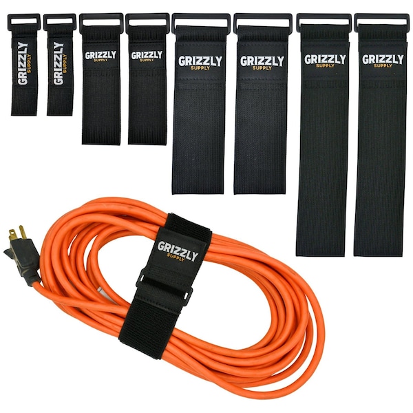 Grizzly Supply Stretch Cinch Strap, 6, 9, 12, 18 in L, 1, 1.5, 2 in W, Hook and Loop Closure, Reusable, Black, 8PK GS-HLSTR6x9x12x18-0 - main