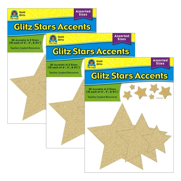 Teacher Created Resources Gold Glitz Stars Accents, Assorted Sizes, 30-Piece Set, 3PK 77025 - main