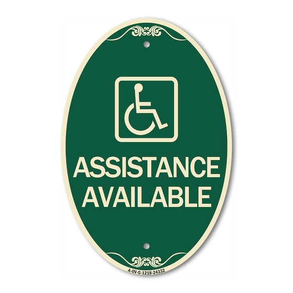 Signmission Assistance Available with Handicap Symbol, 12 In X 18 In Architectural Oval, Heavy Gauge Aluminum A-OV-G-1218-24332 - main
