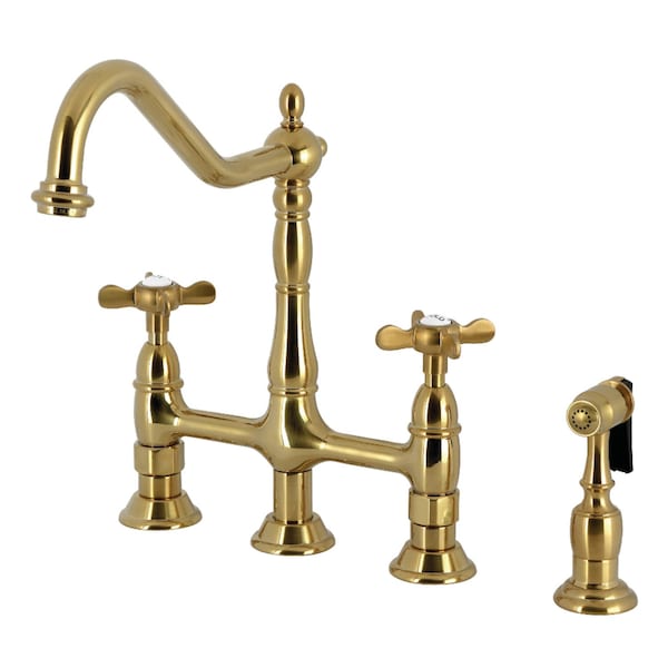 Kingston Brass Bridge Kitchen Faucet with Brass Sprayer, Brushed Brass KS1277BEXBS - main