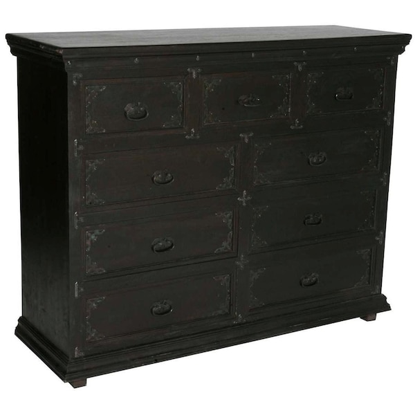 Homeroots 60" Dark Brown Carved Scrollwork Solid Wood Nine Drawer Double Dresser 564526 - main
