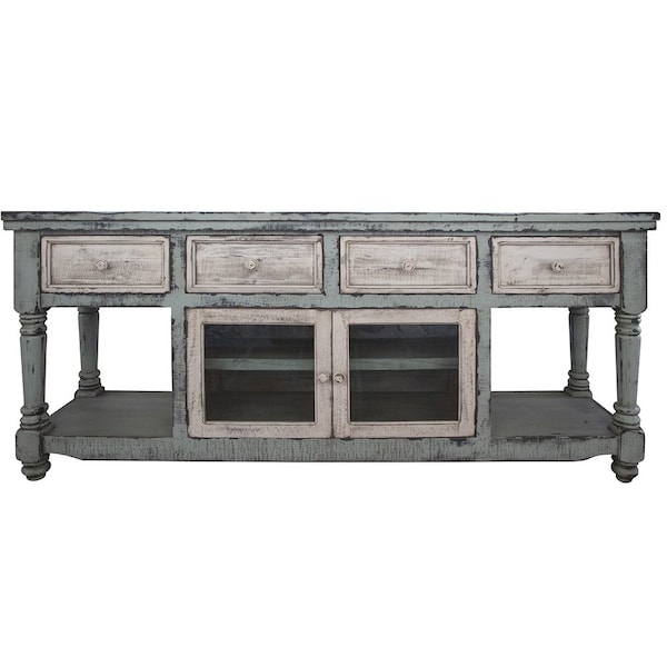 Homeroots 70" Blue and White Solid Wood Open shelving Distressed TV Stand 528736 - main