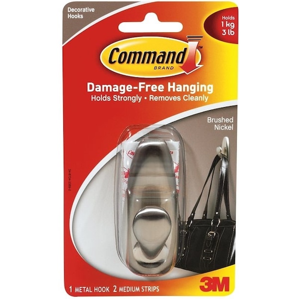 Command Forever Classic Series Decorative Hook, 3 lb, 1-Hook, Metal, Brushed Nickel FC12-BN - main