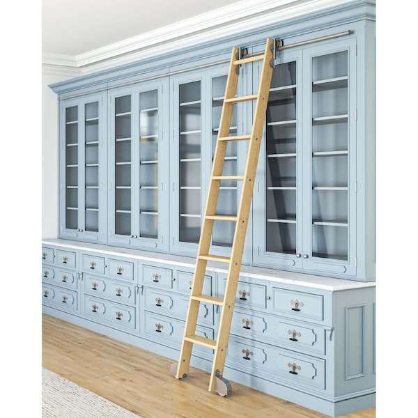 Quiet Glide 8.06 ft. White Oak Contemporary Wheel Satin Nickel Rolling Hook Removable Ladder, 12 ft. Rail QG.540-8WO-12-H.02 - main