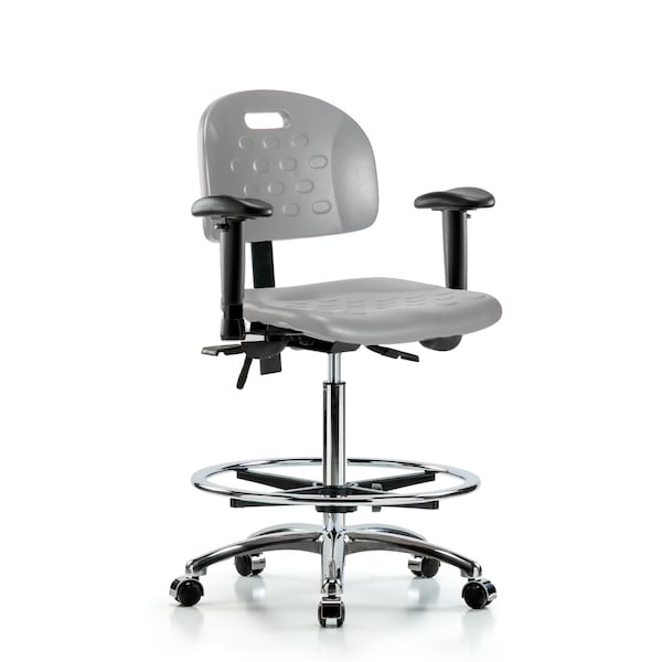 Blue Ridge Ergonomics Poly Chair Chrome-High Bench Height with Seat Tilt, Adj Arms, Chrome Foot Ring, & Casters in Gray Poly HPHBCH-CR-T1-A1-CF-CC-GRY - main