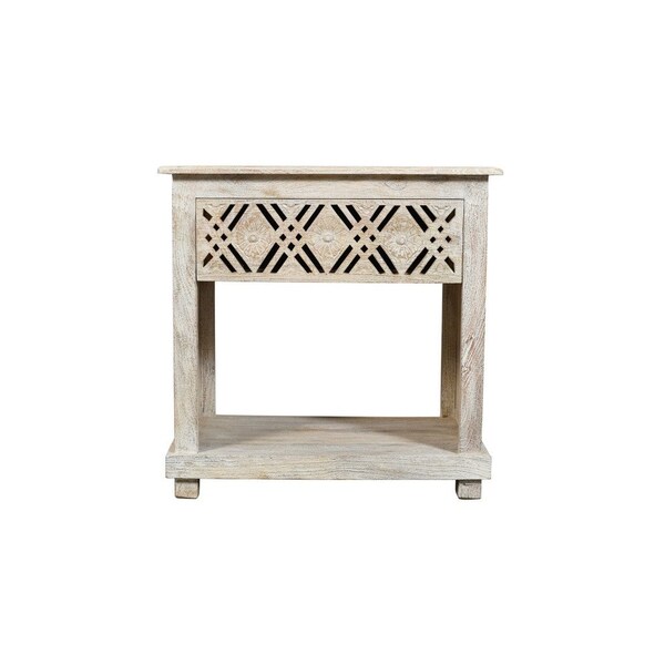 Homeroots 28" White Solid Wood Distressed Carved Geometric One Drawer Nightstand 555401 - main
