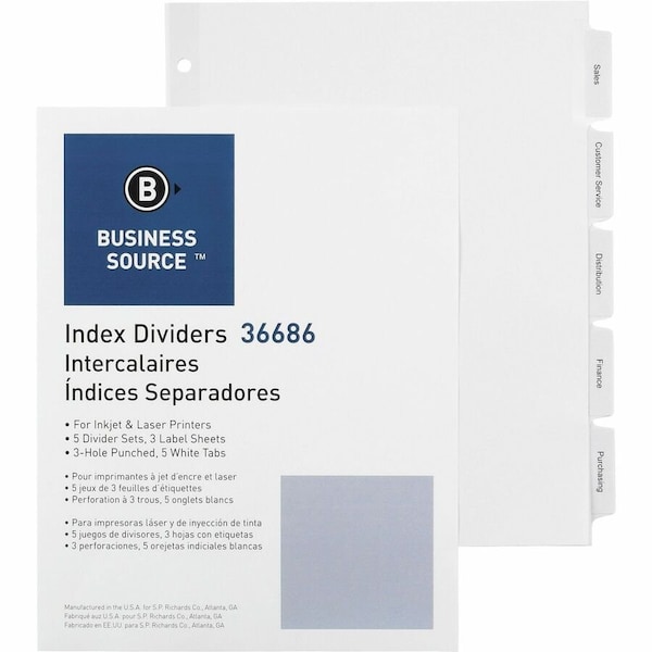 Business Source Punched Tabbed Laser Index Dividers, White, 5PK BSN36686 - main