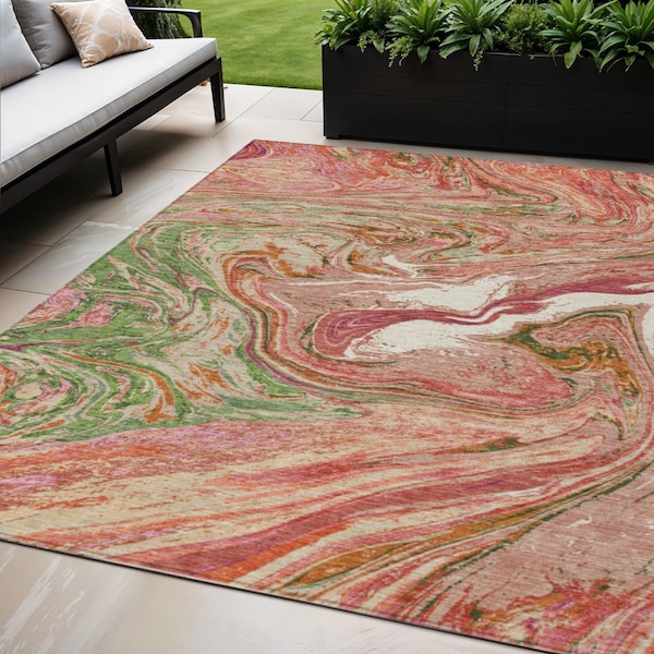 Homeroots 5' X 8' Coral Green And Ivory Abstract Washable Indoor Outdoor Area Rug 602618 - main
