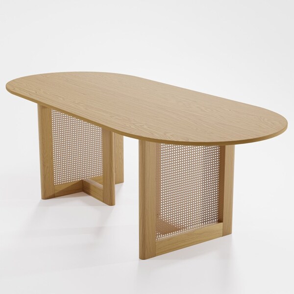 Homeroots 79" Natural Solid Wood and Rattan Double Pedestal Base Oval Dining Table 712185 - main