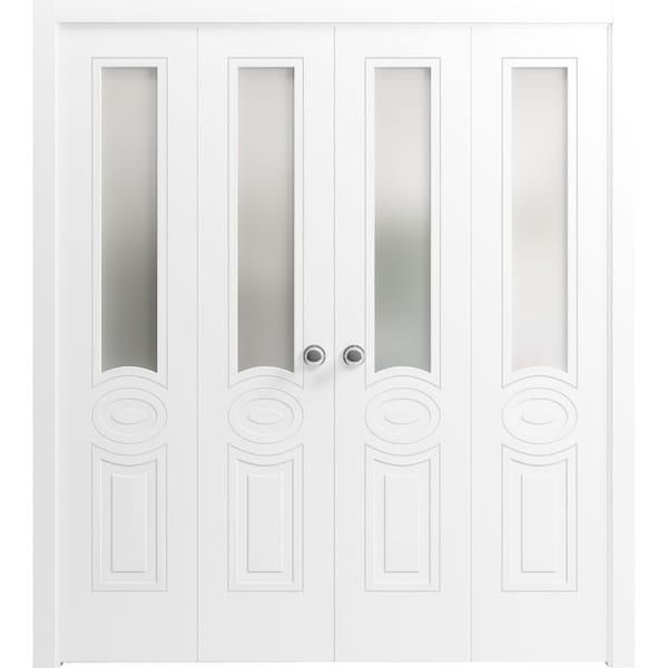 Vdomdoors Sliding Closet Double Bi-fold Doors, Mela 7012 White Silk with Frosted Glass, Sturdy Tracks Molding MELA7012DBF-WS-72 x 80 (4* 18x80) - main