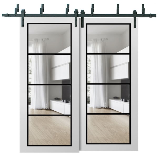 Sartodoors Sliding Closet Clear Glass Barn Bypass Doors, Lucia 2466 White Silk and Aluminum Strips, Sturdy 6. LUCIA2466BBB-WS-64 x 96 (2* 32x96) - main