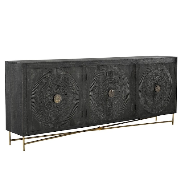 Homeroots 95in Black Distressed Solid Wood Carved Geometric Sideboard with Six Doors 521424 - main