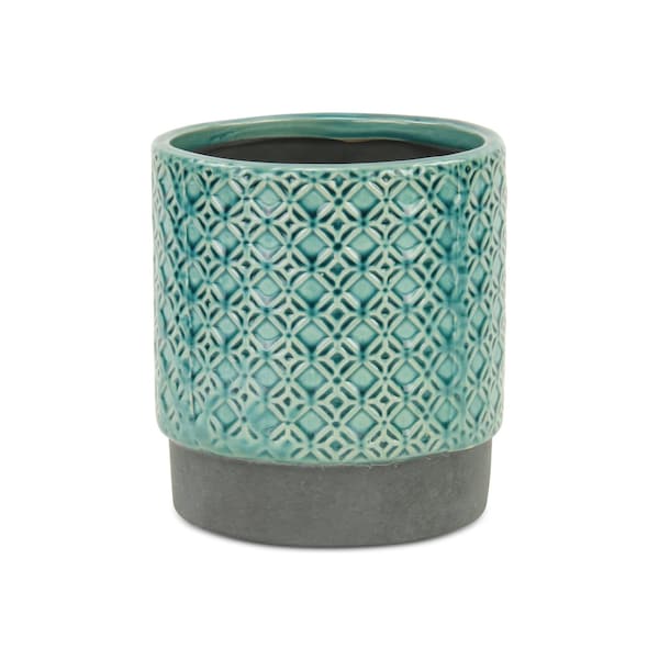 Homeroots 6in Turquoise Geometric Ceramic Indoor Outdoor Round Pot Planter 487459 - main
