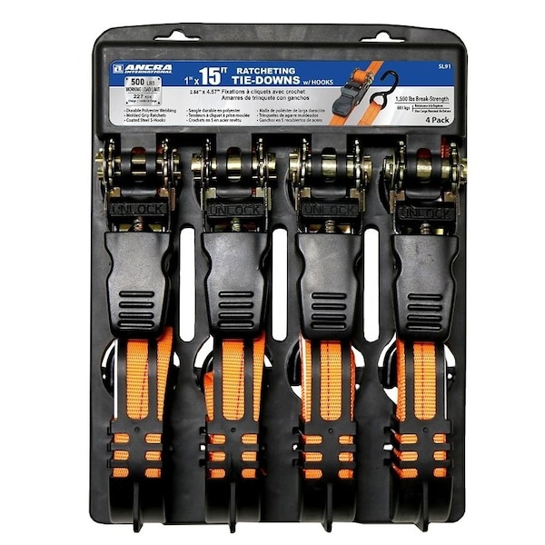 Ancra Mfg Tie-Down, 1 in W, 15 ft L, Polyester, Bright Orange, 500 lb Working Load, S-Hook End SL91 - main