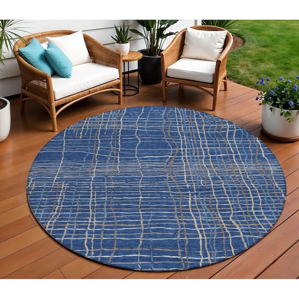 Homeroots 8' Navy Blue Gray And Brown Round Striped Washable Indoor Outdoor Area Rug 597411 - main