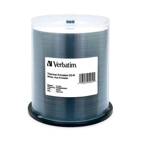 Verbatim CD-R 700MB 52X White Thermal Printable, Hub Printable - 100pk Spindle - 700MB - 100 Pack 95254 - main