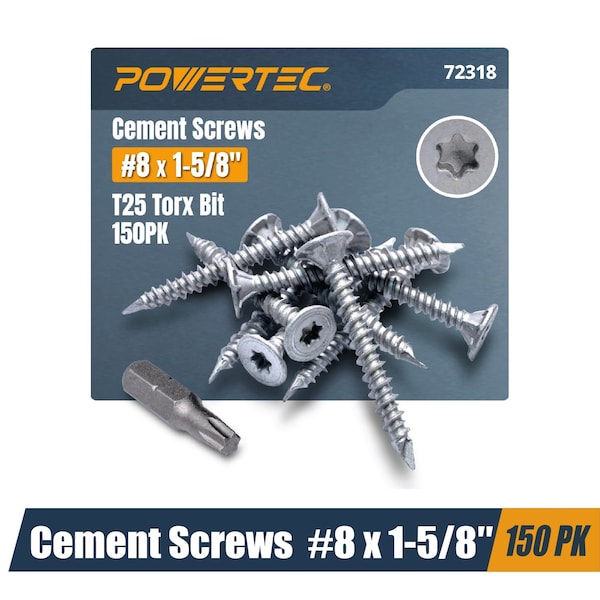 Powertec Cement Screws #8 x 1-5/8", Ruspert Coated with T25 Torx Star Drive Bit - High-Low Thread, 150PK 72318 - main