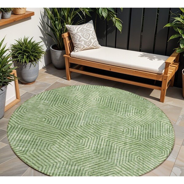Homeroots 8' Green And Light Green Round Geometric Washable Indoor Outdoor Area Rug 594541 - main