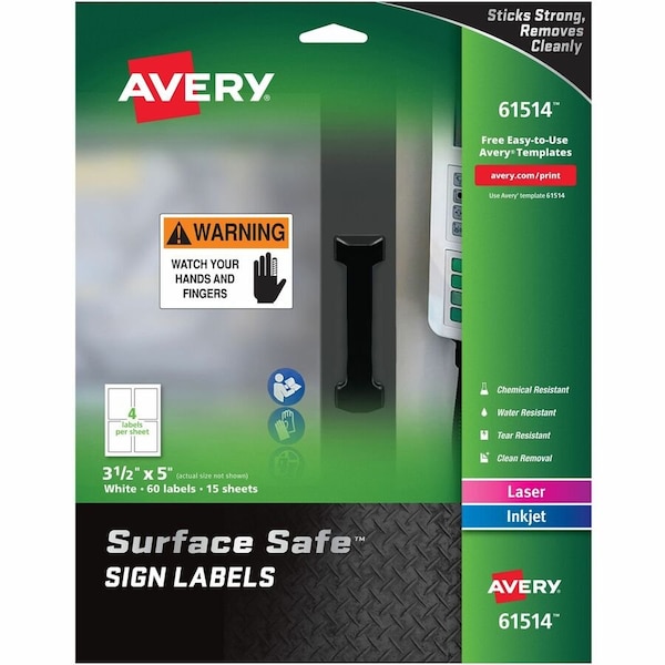 Avery Dennison Avery Surface Safe Sign Labels, 3-1/2in x 5in, White, 60/Pack 61514 - main