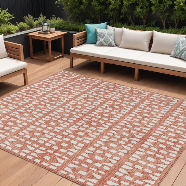 Homeroots 9' X 12' Salmon And Ivory Geometric Washable Indoor Outdoor Area Rug 613805 - main