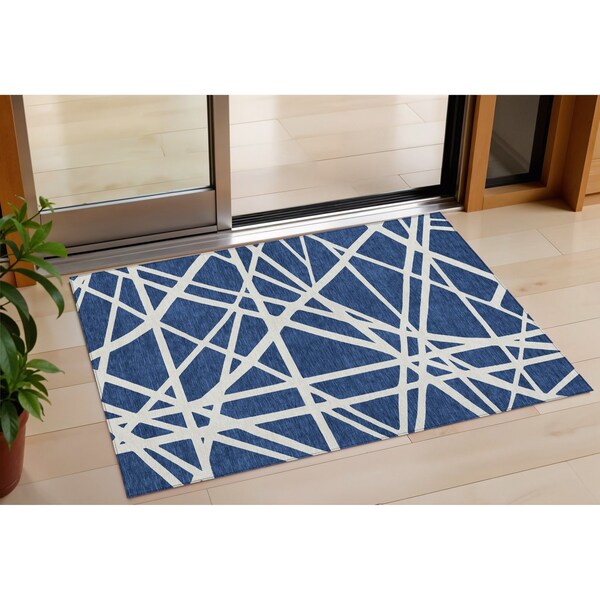 Homeroots 3' X 5' Navy Blue And Ivory Geometric Washable Indoor Outdoor Area Rug 600474 - main