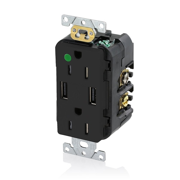 Leviton USB Charger/Duplex Tamper-Resistant Receptacle, Hospital Grade, 3.6/15 Amp, 125 Volt, Black T5632-HGE - main