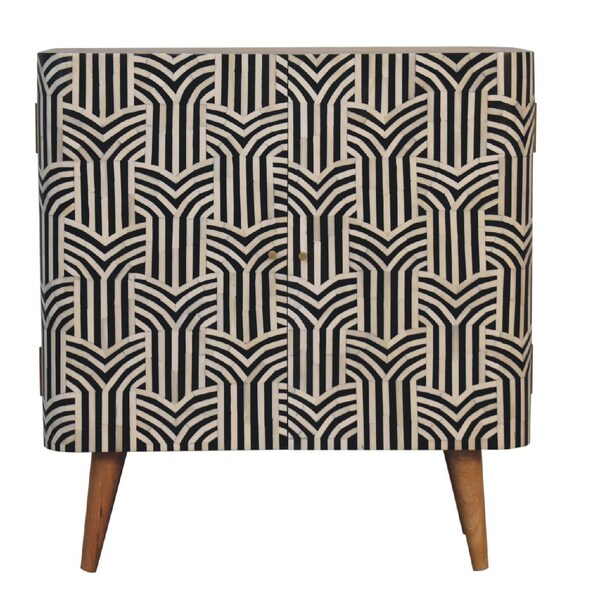 Homeroots 32in Dark Brown Black and White Solid Wood And Inlaid Bone Textured Accent Cabinet With Two Doors 654282 - main