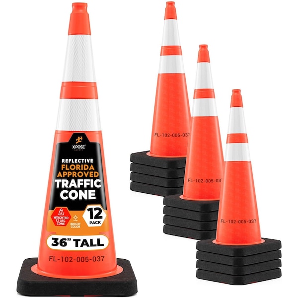 Xpose Safety FDOT 36 Inch Orange Traffic Cone with 6in & 4in Reflective Collars 12lb, Florida DOT #, 12PK OTC36-64-FL-12-X - main