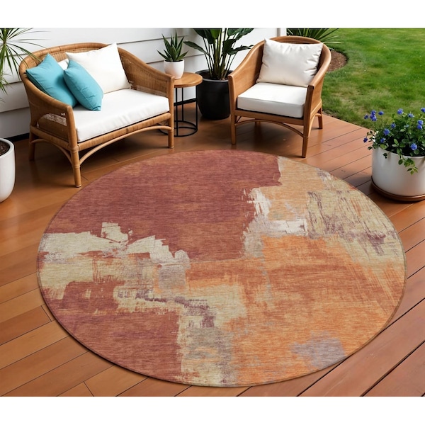 Homeroots 8' Orange And Burnt Orange Round Abstract Washable Indoor Outdoor Area Rug 609174 - main