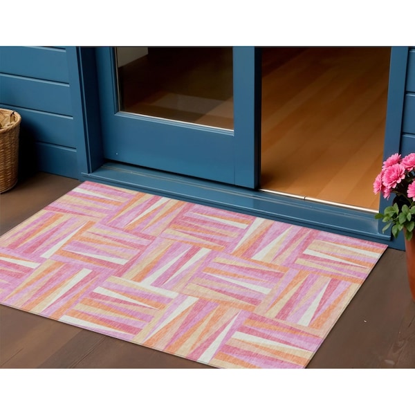 Homeroots 3' X 5' Blush Ivory And Orange Geometric Washable Indoor Outdoor Area Rug 598244 - main