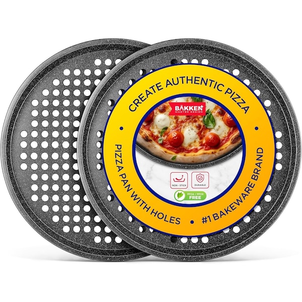 Bakken- Swiss BAKKEN Pizza Pan, Round Perforated, Nonstick Marble Coating, Dishwasher Safe, Gray, 2PK BAKPIZ22GRM - main