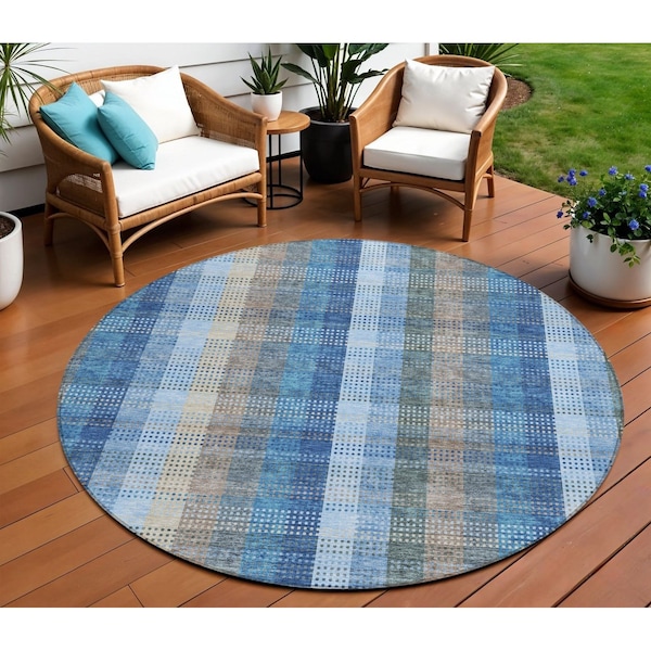Homeroots 8' Denim Blue Sky Blue And Beige Round Plaid Washable Indoor Outdoor Area Rug 613965 - main